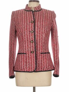 Richard Carriere Paris Red Chevron Tweed Women's Blazer with Navy Blue Trim